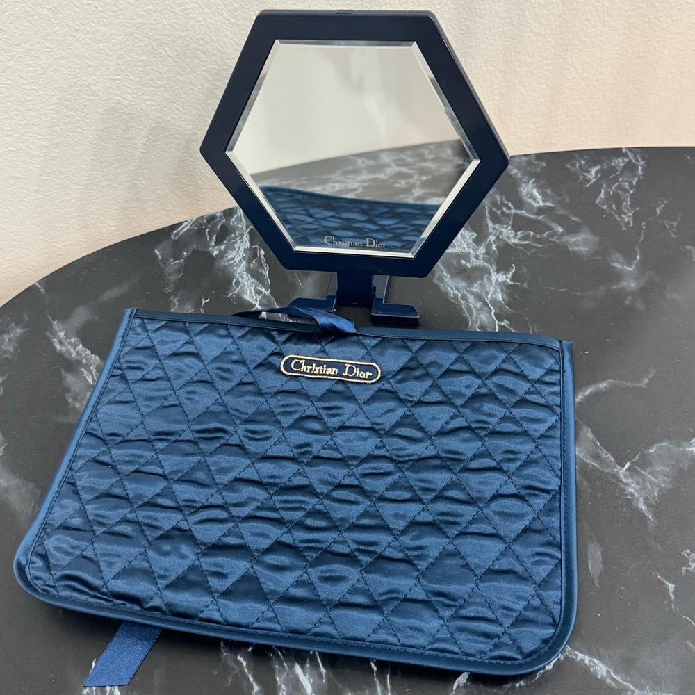 Christian Dior Quilted Makeup Pouch & Mirror Set in Navy Blue AUTHENTIC Like New